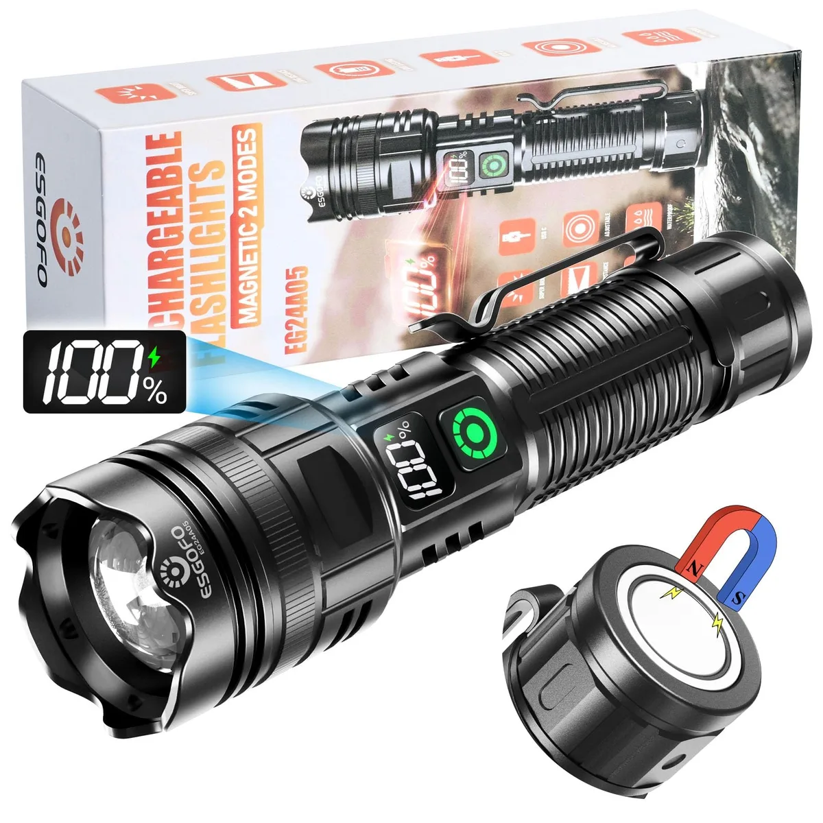 Compact black LED flashlight with USB-C port and pocket clip