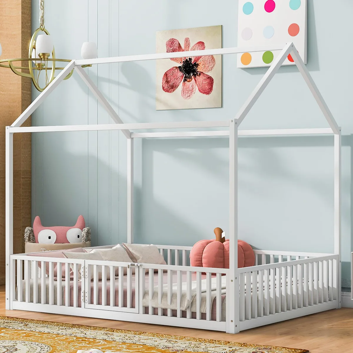 tuphen tuphen Full Size Metal House Bed with Fence and Door White — product photo