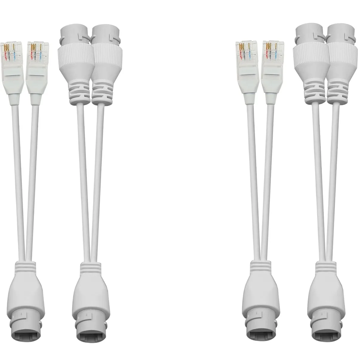 Two white PoE combiner and splitter dongles with waterproof caps
