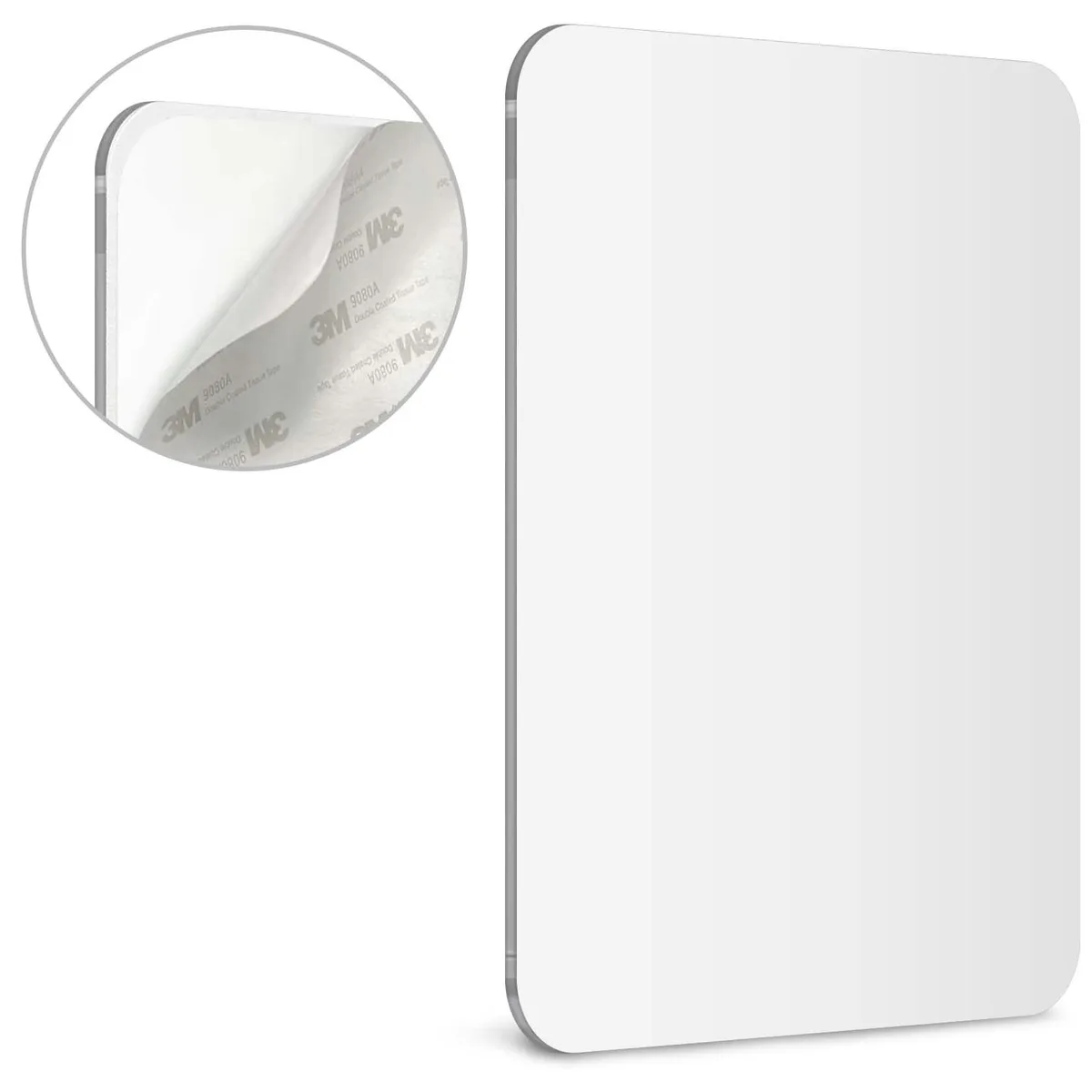 Clear frameless acrylic mirror, 17.78 by 22.86 cm, 3M adhesive back