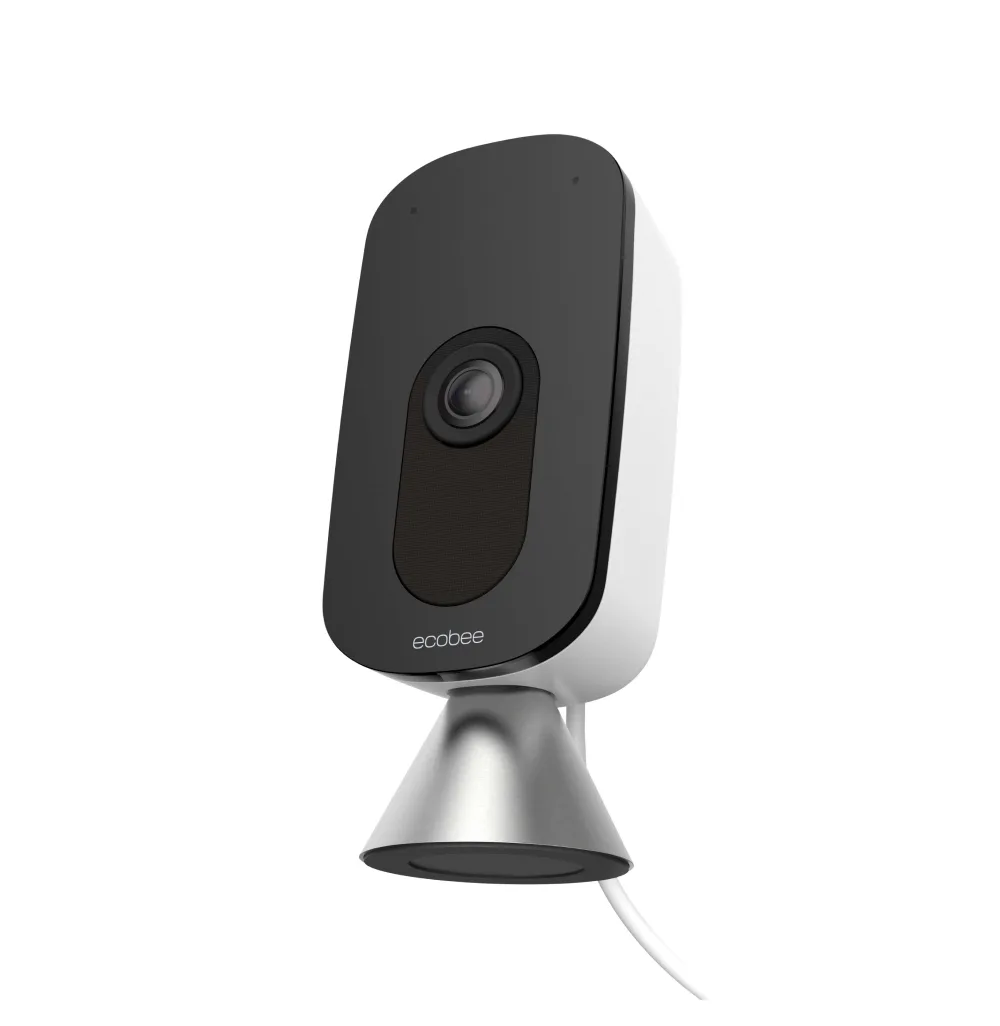 White rectangular indoor camera with black lens face, 4.20 by 2.26 by 1.70 inches