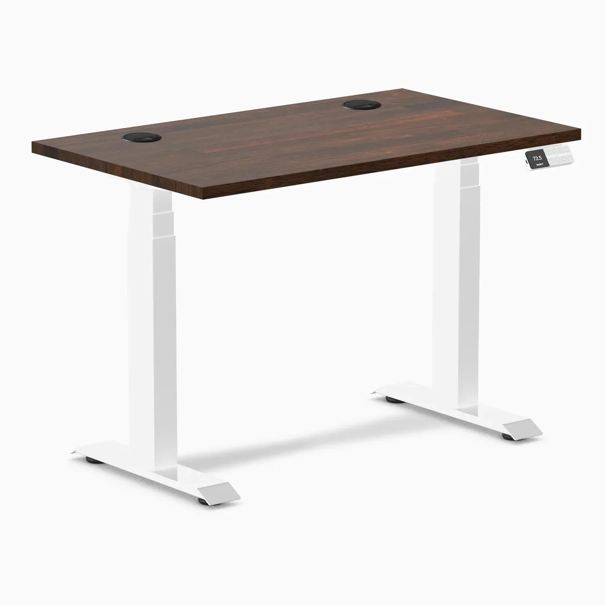 Desky Desky Dual Mini Rubberwood Sit Stand Desk Dark Walnut 40 x 24 inches Grommets White Frame — product photo