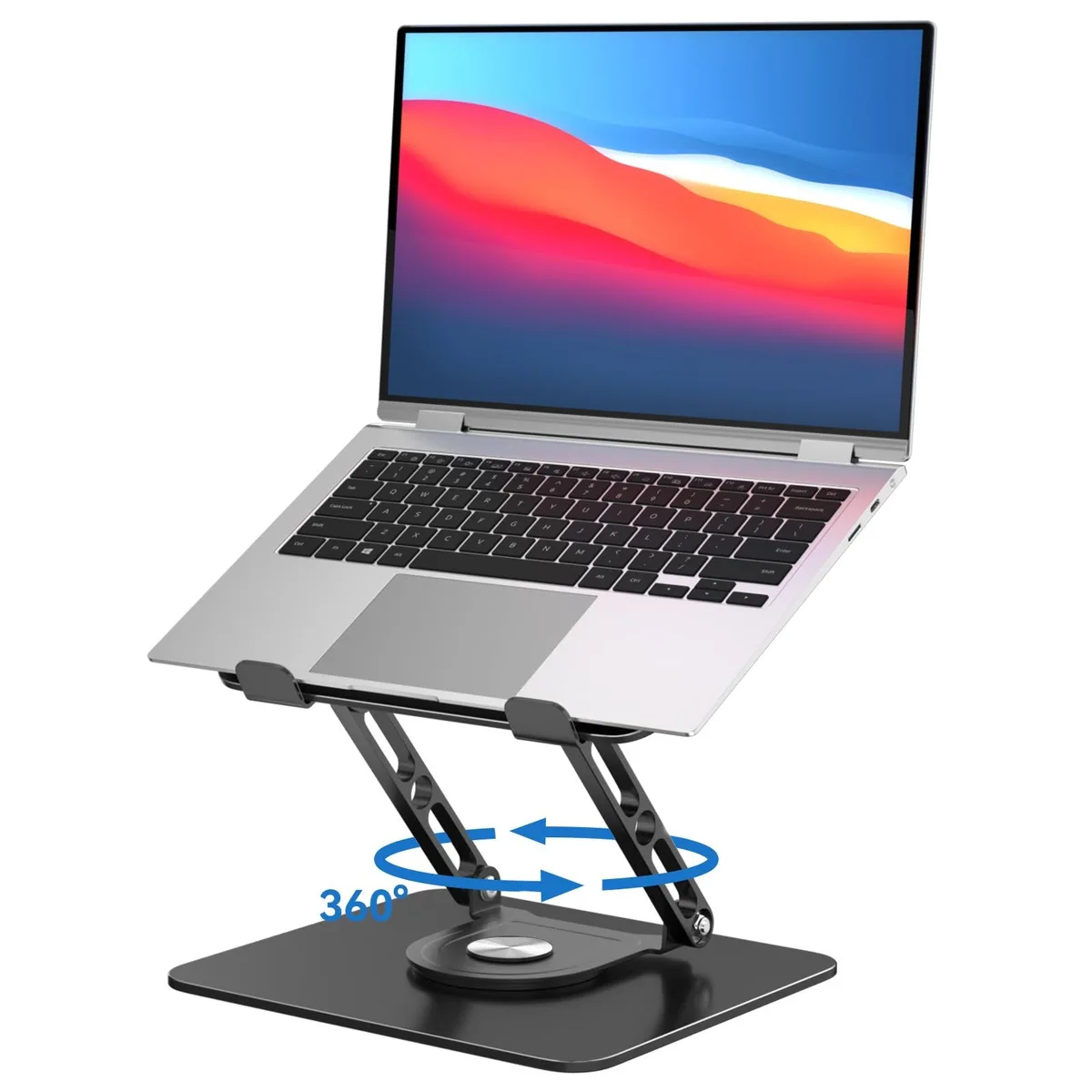 Black foldable aluminium laptop stand with 360° rotating base and adjustable height