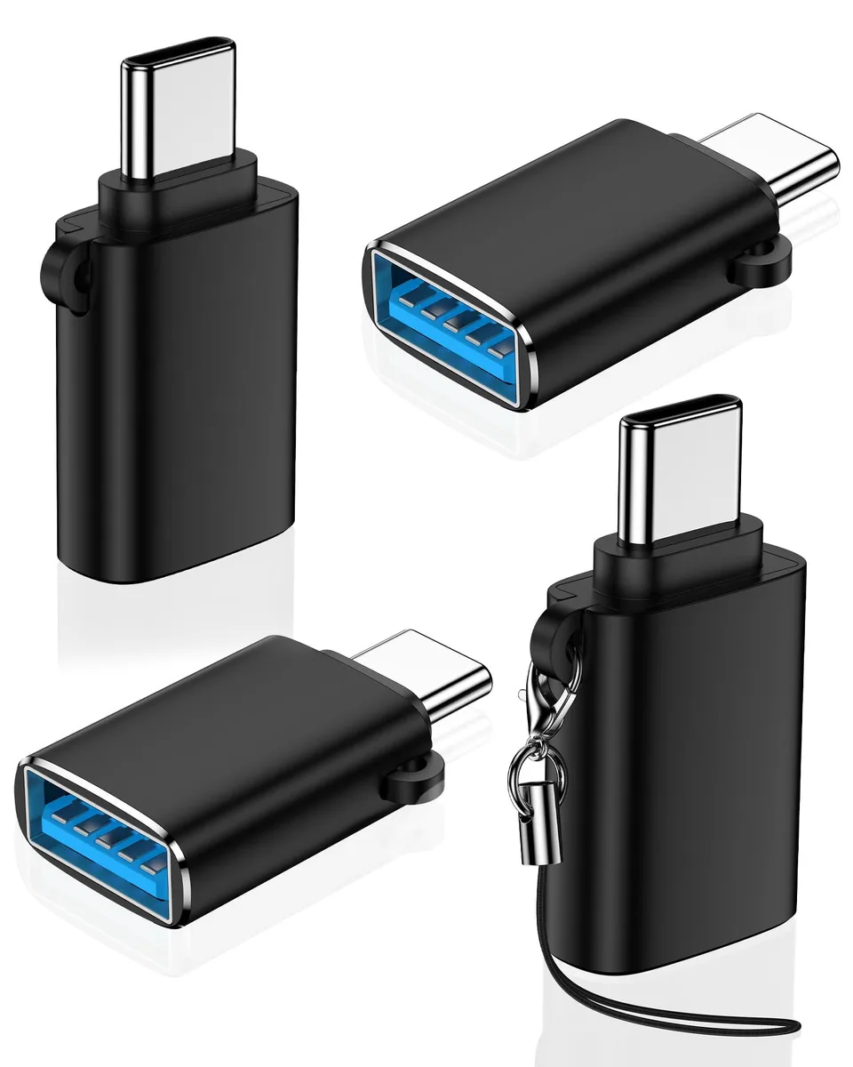 Four black USB-C male to USB 3.0 female adapters with aluminum alloy shells
