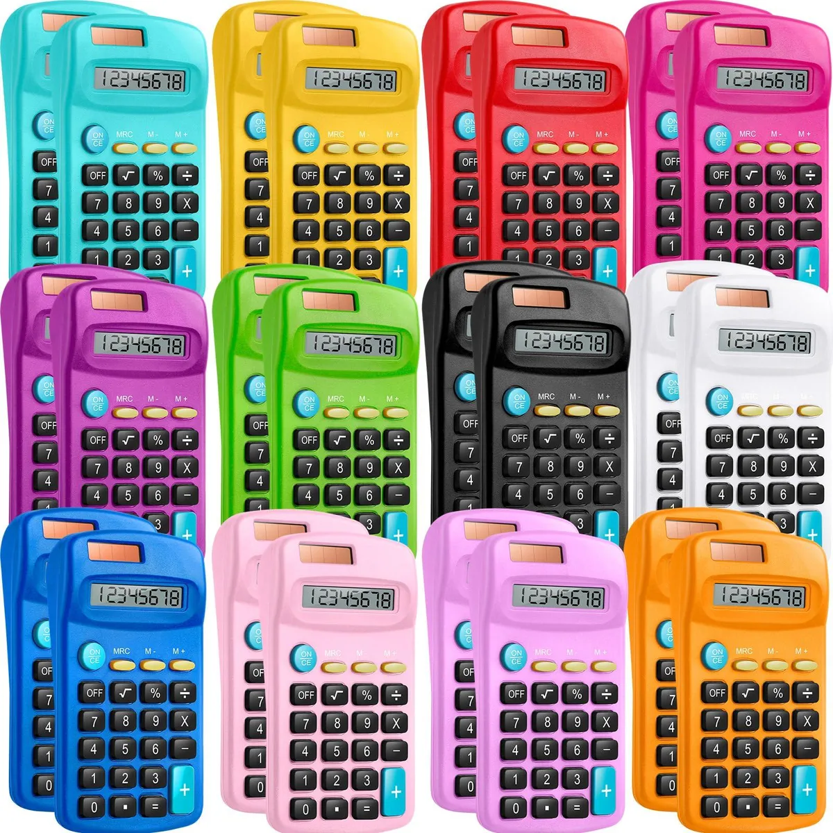 Twenty-four pocket calculators in twelve colours laid flat showing solar panels and angled keypads