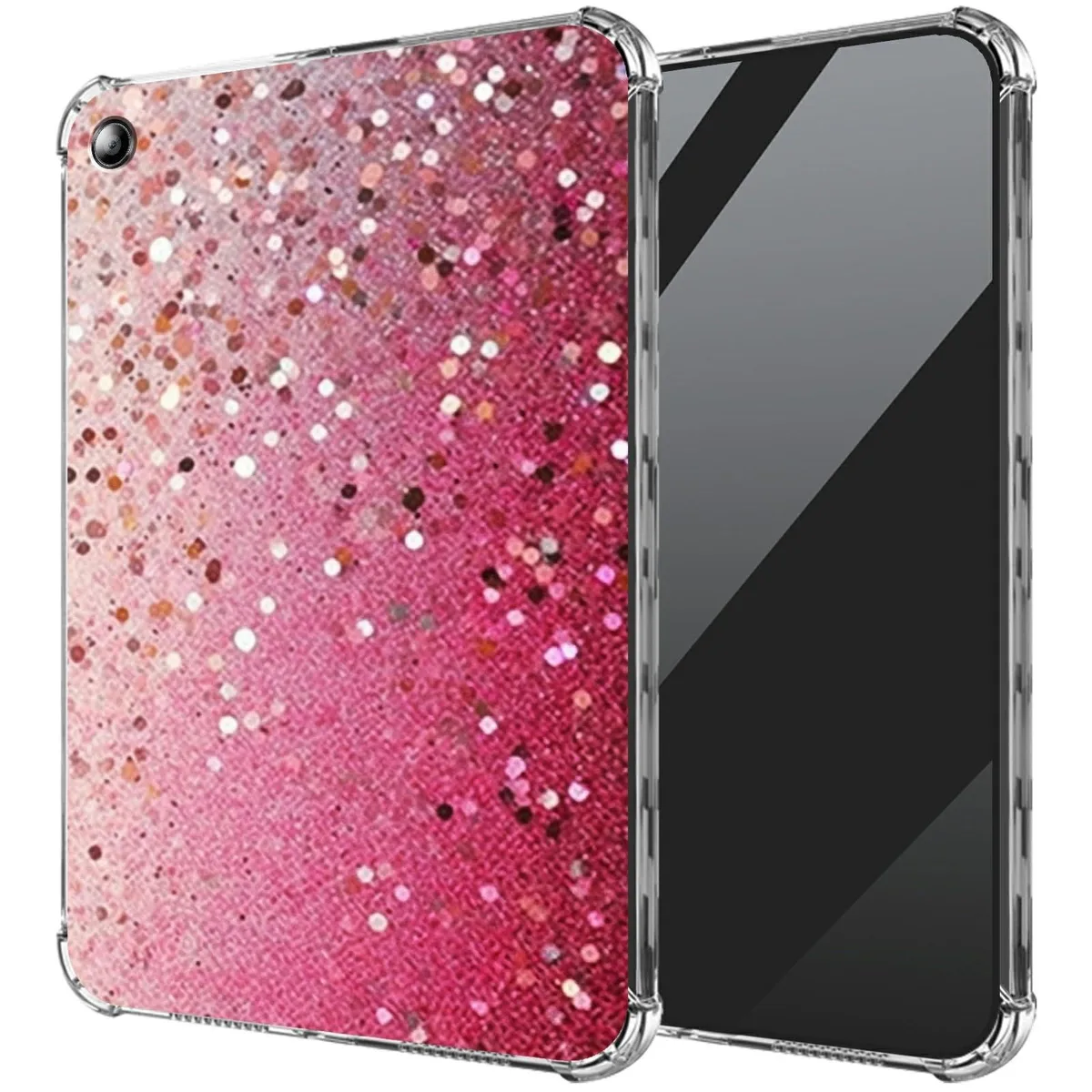 Pink glitter clear TPU tablet case with reinforced corners