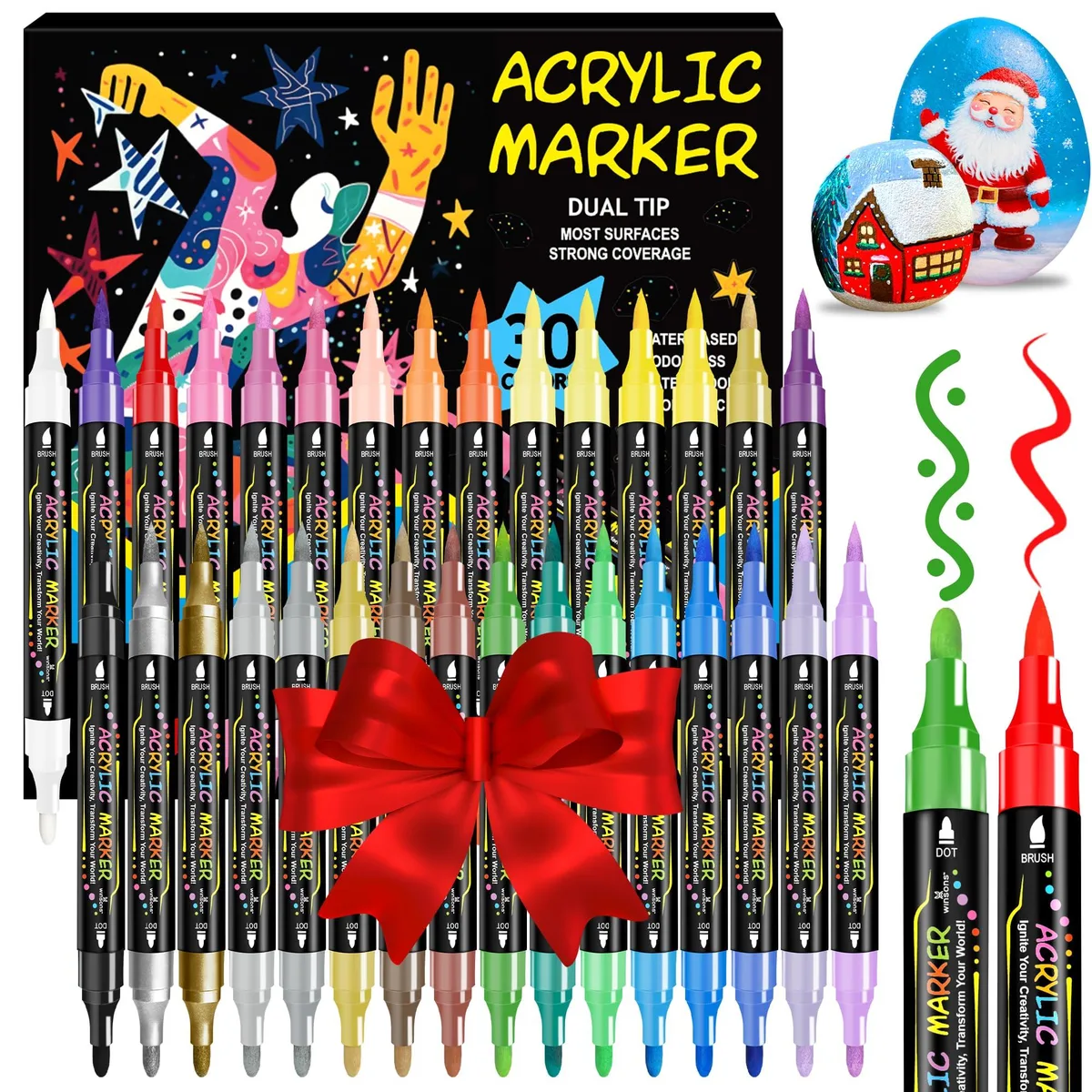 Set of thirty dual-tip acrylic paint markers with brush and round nibs