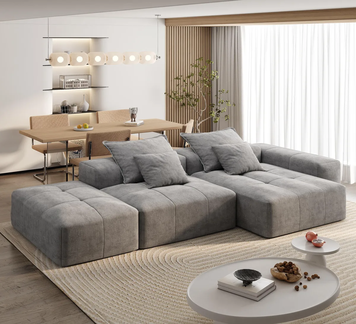Grey modular sectional sofa with ottoman and four pillows, sparkling chenille fabric, tufted design