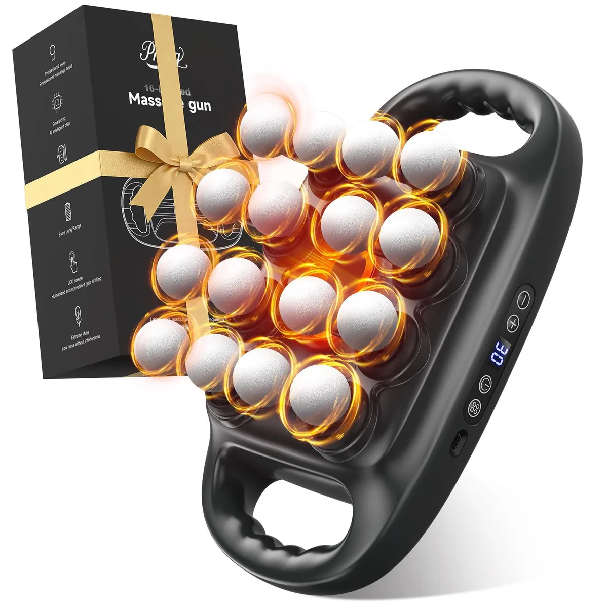 Black handheld massage gun with sixteen interchangeable heads and textured grip
