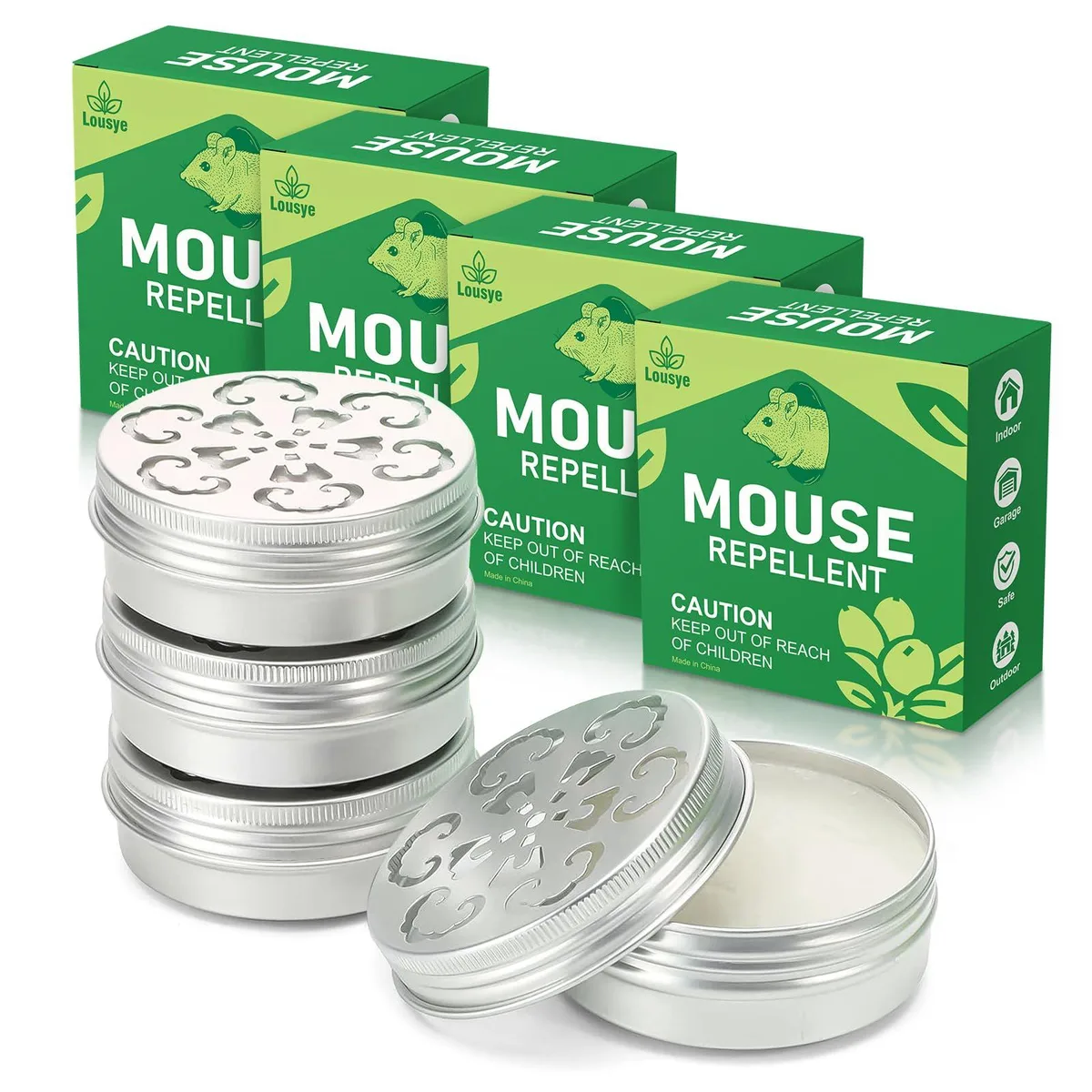 Four small metal tins with white lids and 3M tape on the bottom