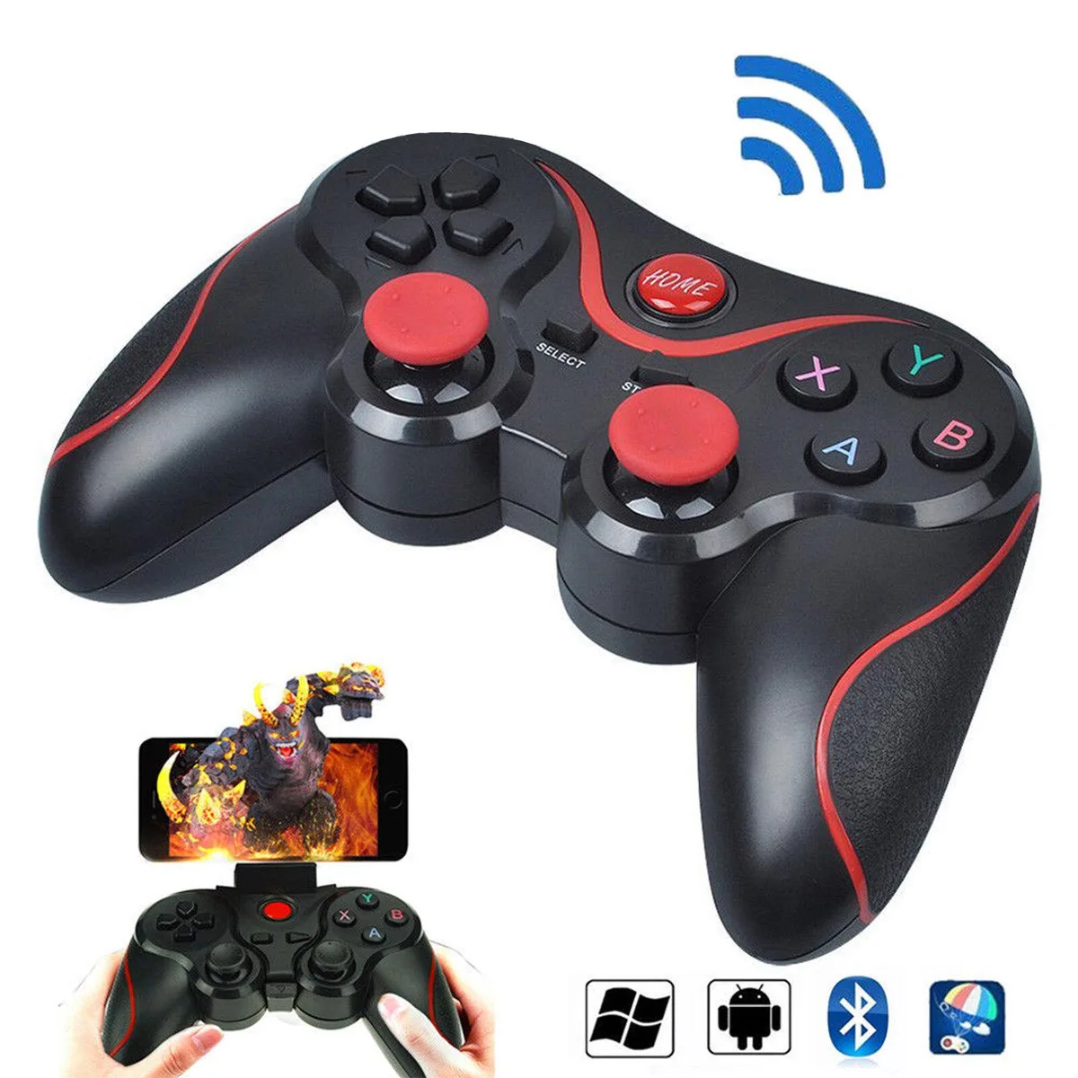 Black ergonomic gamepad with dual analog sticks, cross key and 14 buttons