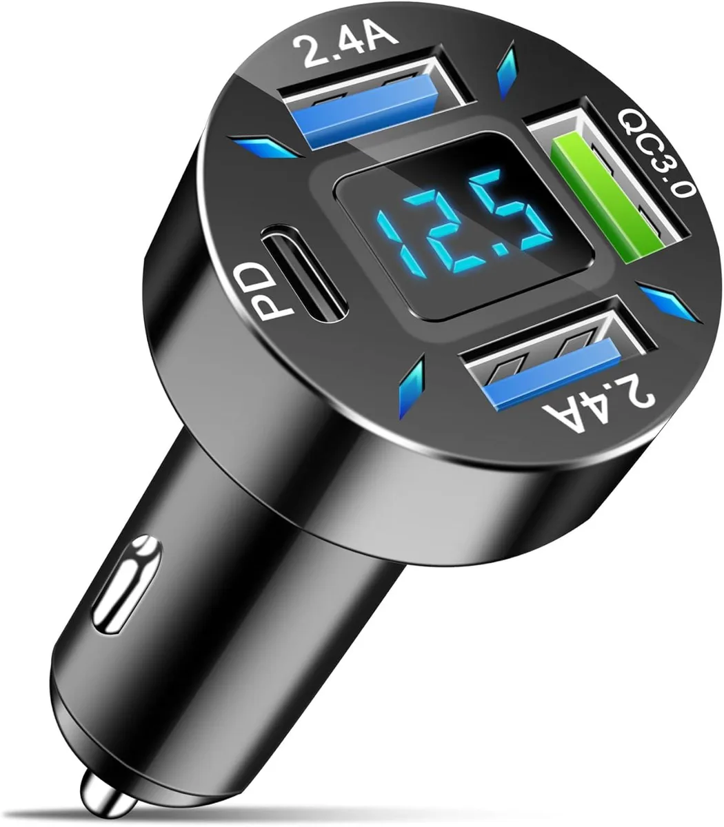 Hamzan Hamzan 4-Port Car Charger 12-24V 3 USB-A 1 USB-C Digital Display — product photo