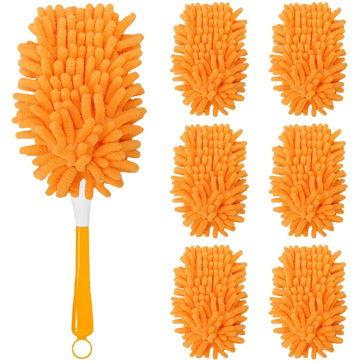 Six reusable microfiber duster refills with a handle, white fluffy heads