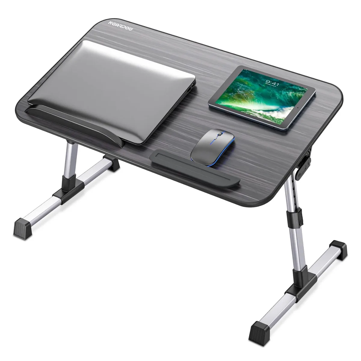 Black folding laptop tray table with adjustable aluminium legs and ABS surface, 60 cm wide