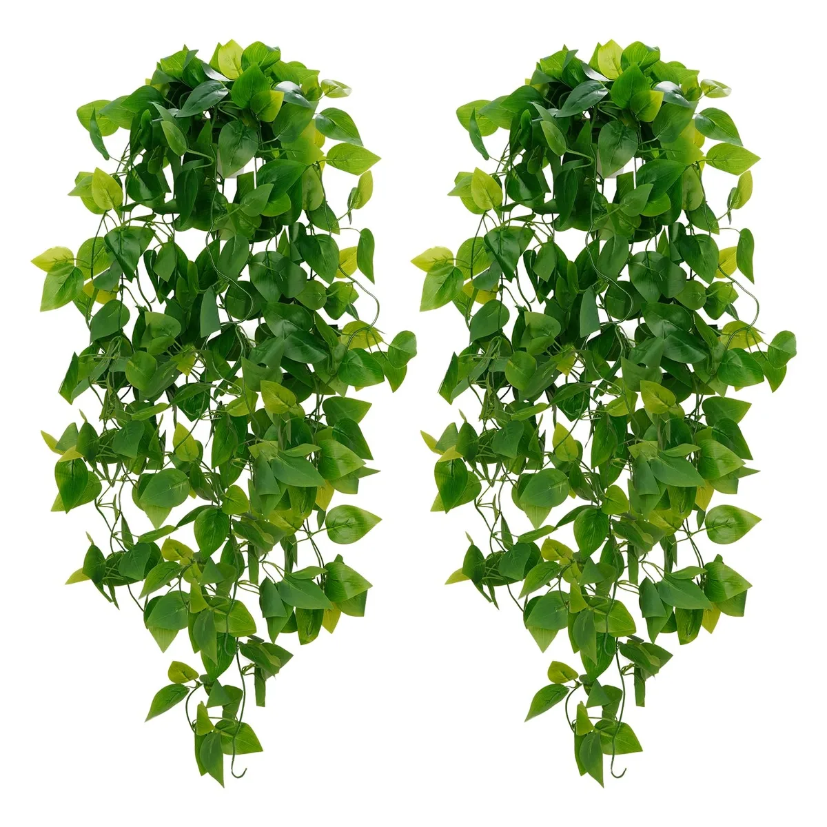 Two green artificial pothos vines, each 43.3 inches long, with realistic leaves and butterflies