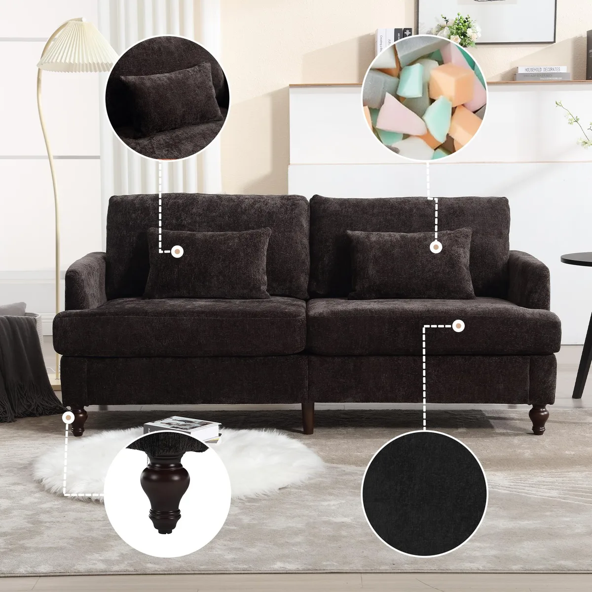 Black chenille two-seat loveseat with brown wood legs