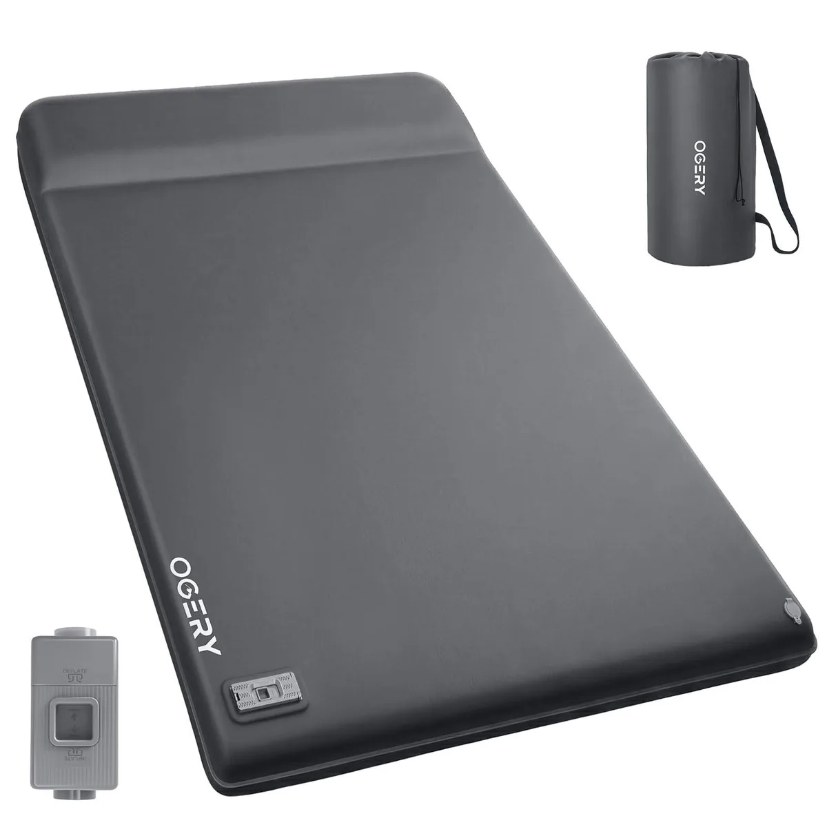 Grey self-inflating sleeping pad with built-in pillow and detachable electric pump, T-shaped foam core, 3.15 inches thick