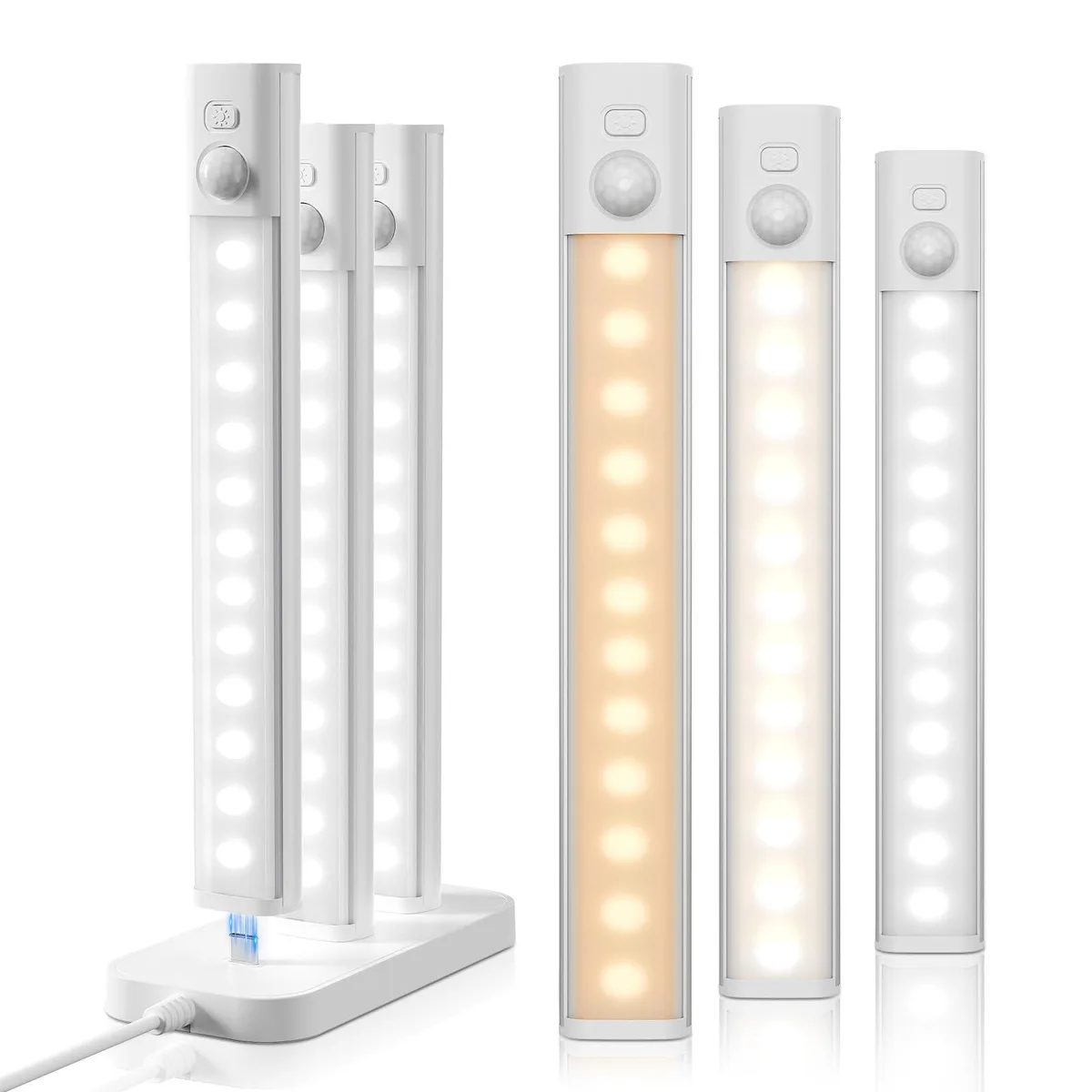 Six white acrylic LED bars with magnetic backs and a charging dock