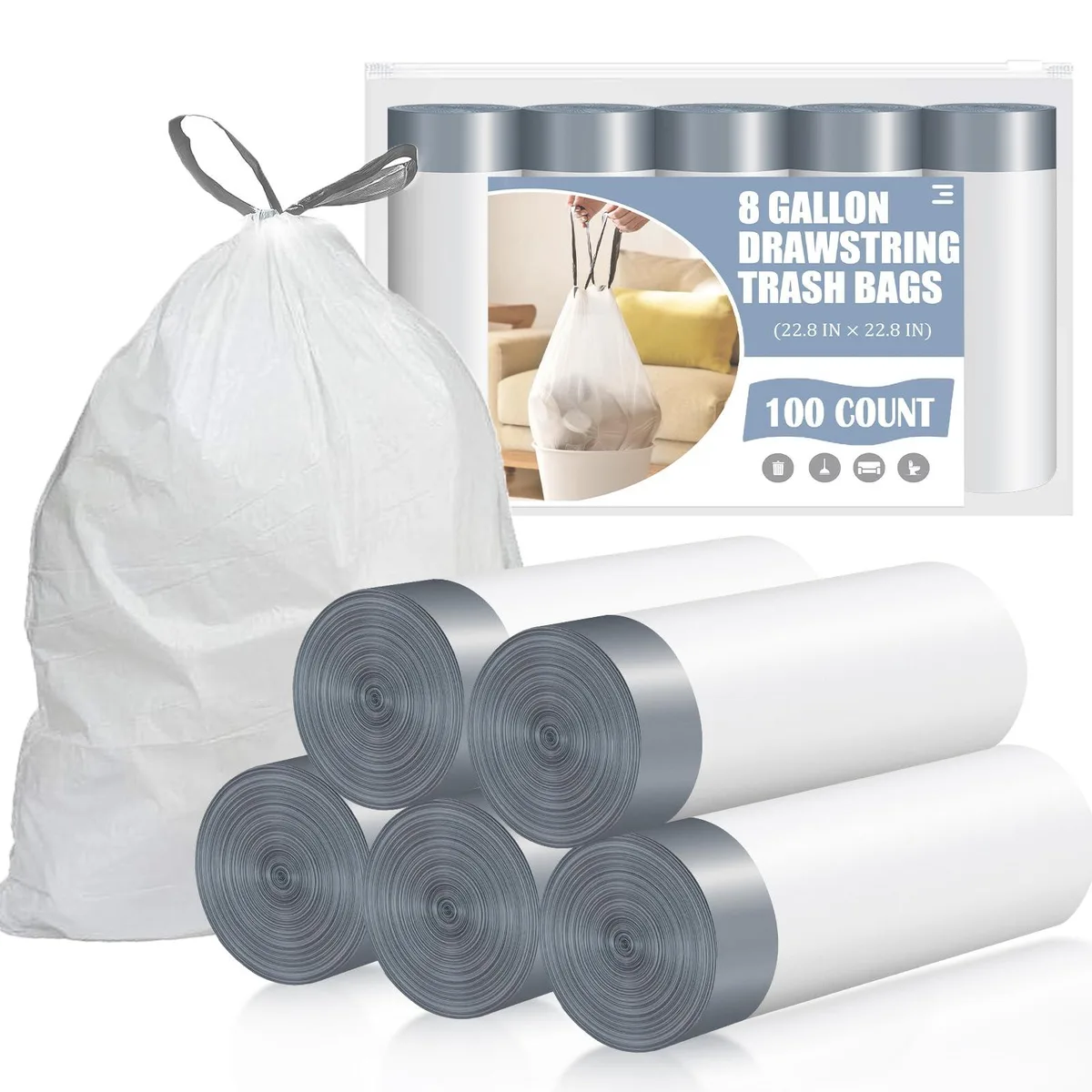 White drawstring trash bags, 100-count roll pack, 8-gallon size