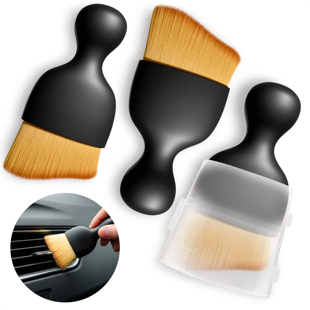 Three brown car interior brushes with curved soft nylon bristles and plastic handles in a transparent storage case