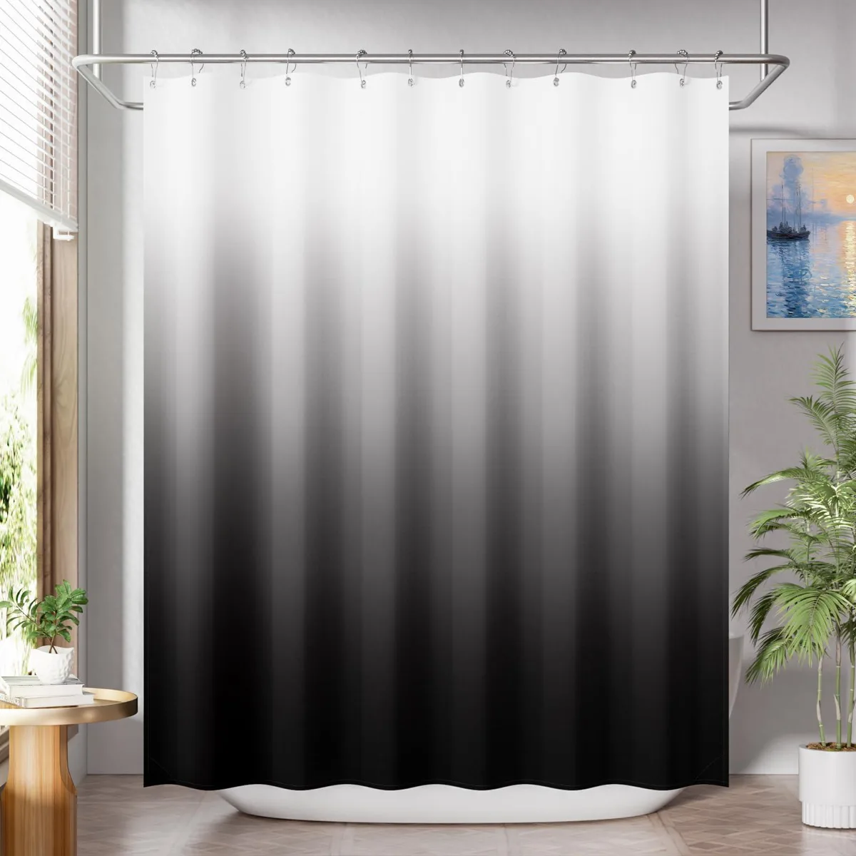  72x72 Ombre Black Shower Curtain Set 12 Hooks 72x72 Inches — product photo
