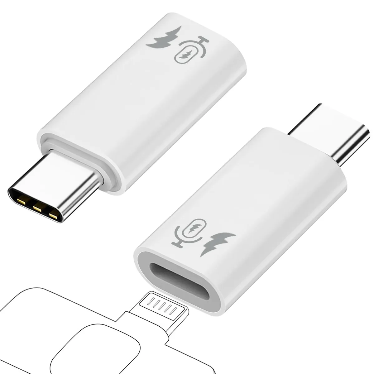 Two white USB-C to lavalier microphone adapters with metallic connectors