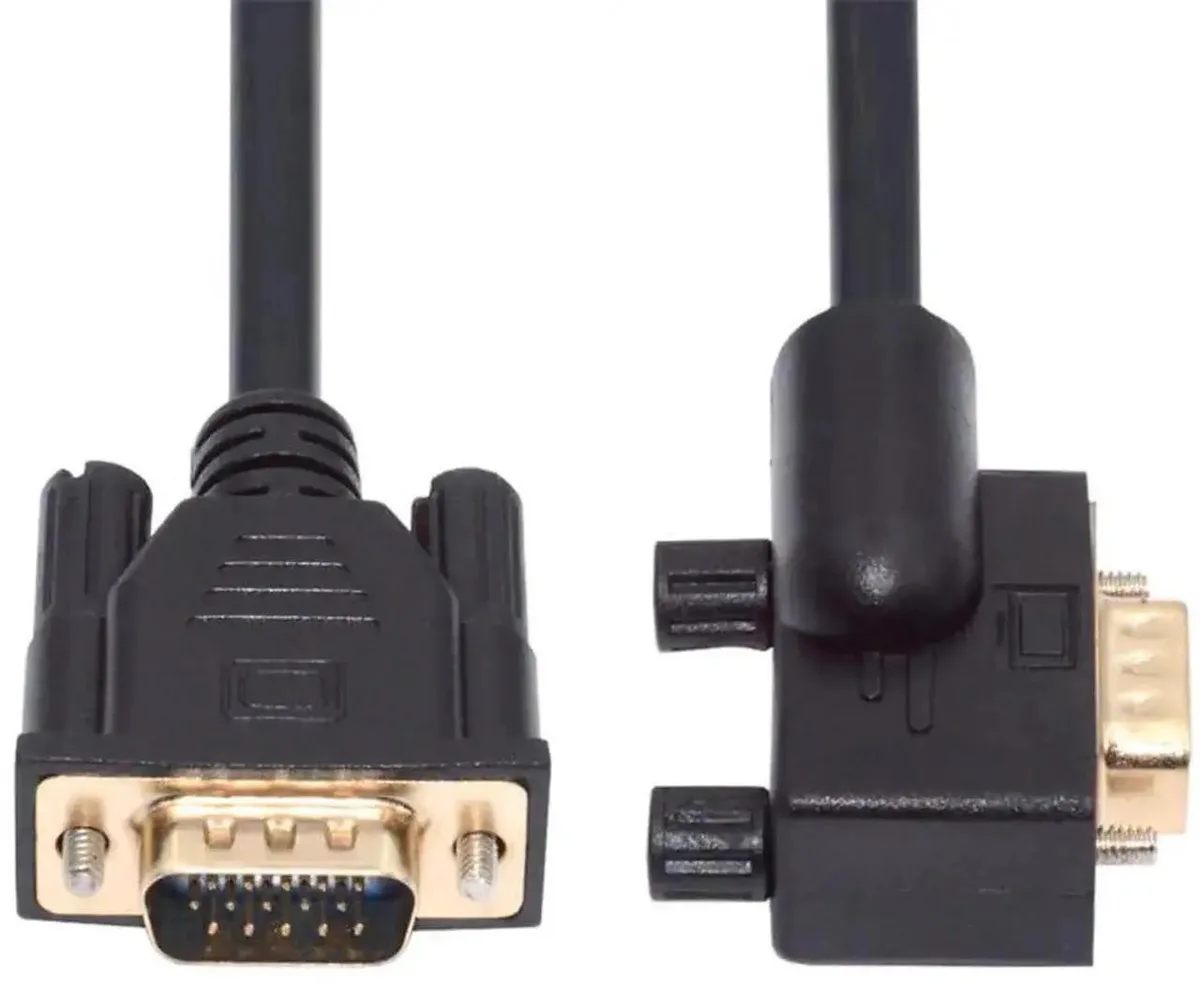 Blue VGA cable with 90 degree left angled connector on one end straight on the other 3.3ft