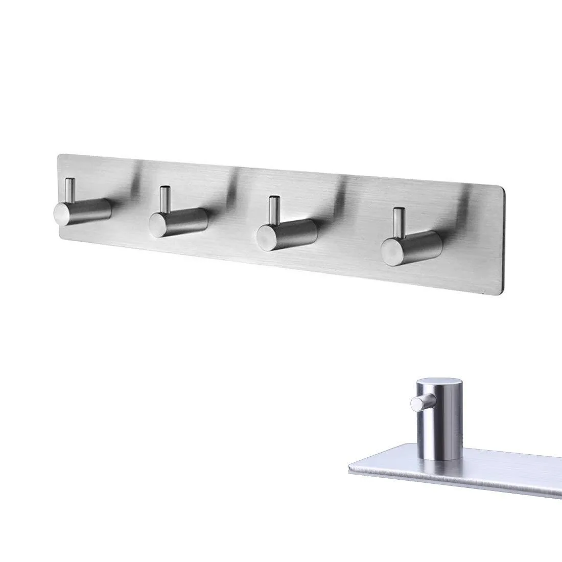 Four brushed stainless steel hooks with adhesive backing