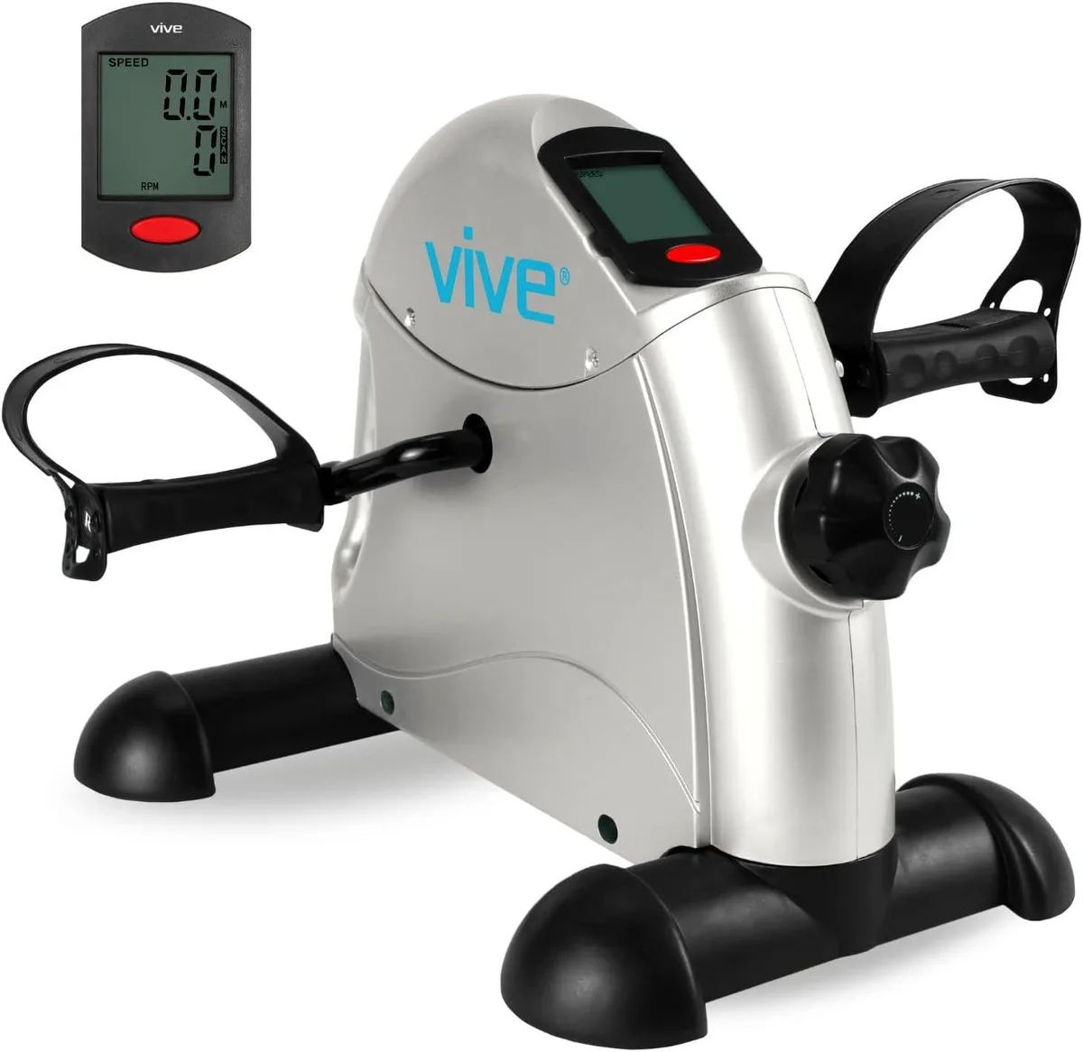 Compact silver pedal exerciser with adjustable resistance knob and toe-loop pedals, 12.5 high