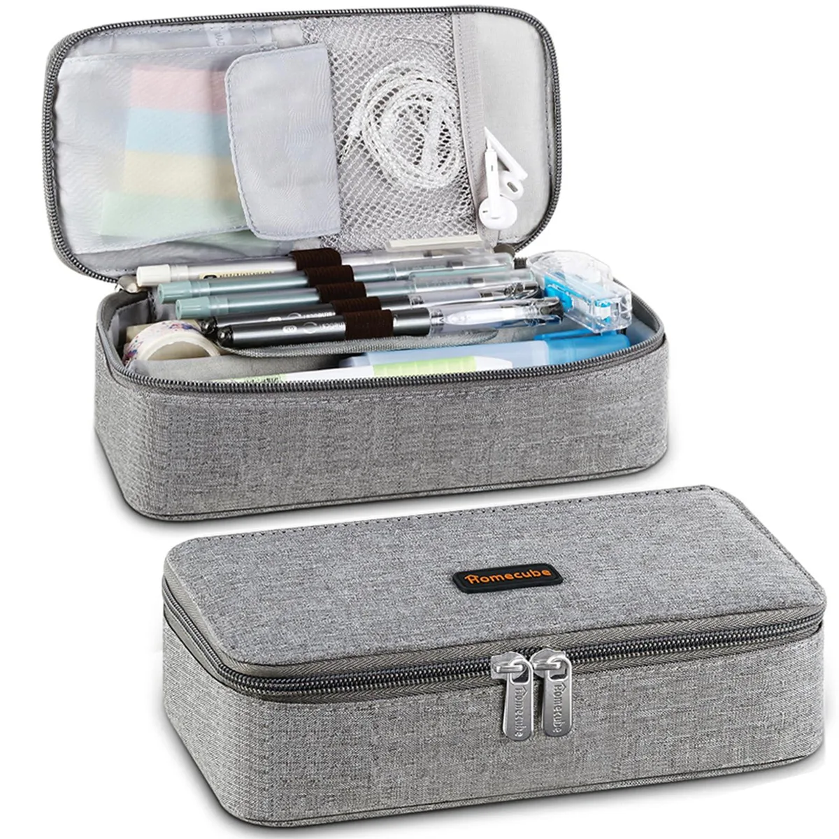 Gray nylon pencil case with zipper and top handle, rectangular shape, padded structure, solid finish