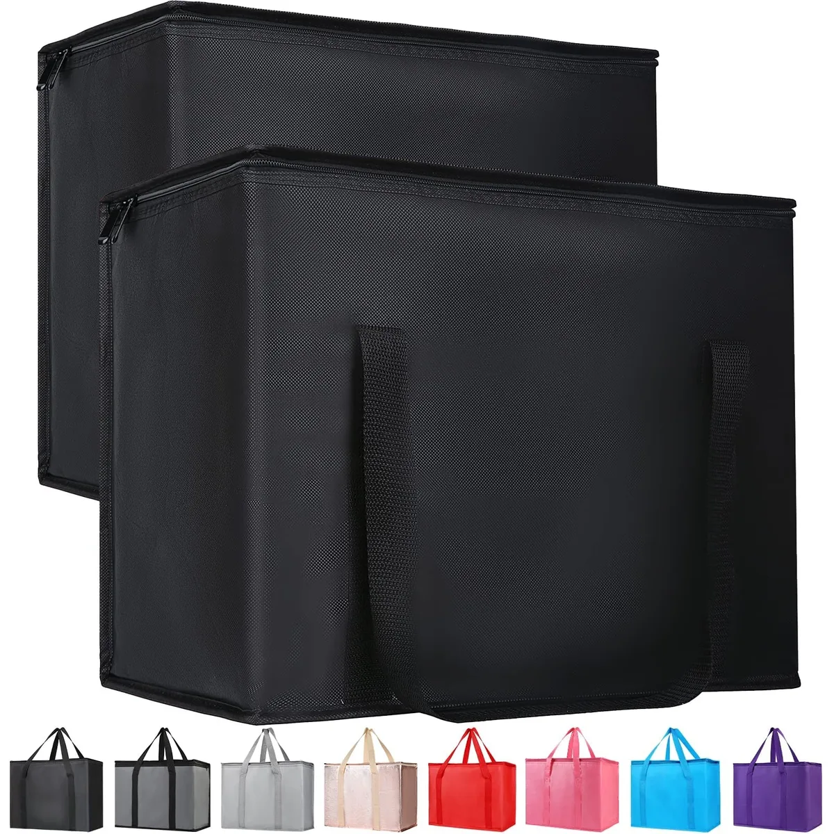 Two black insulated fabric tote bags folded flat