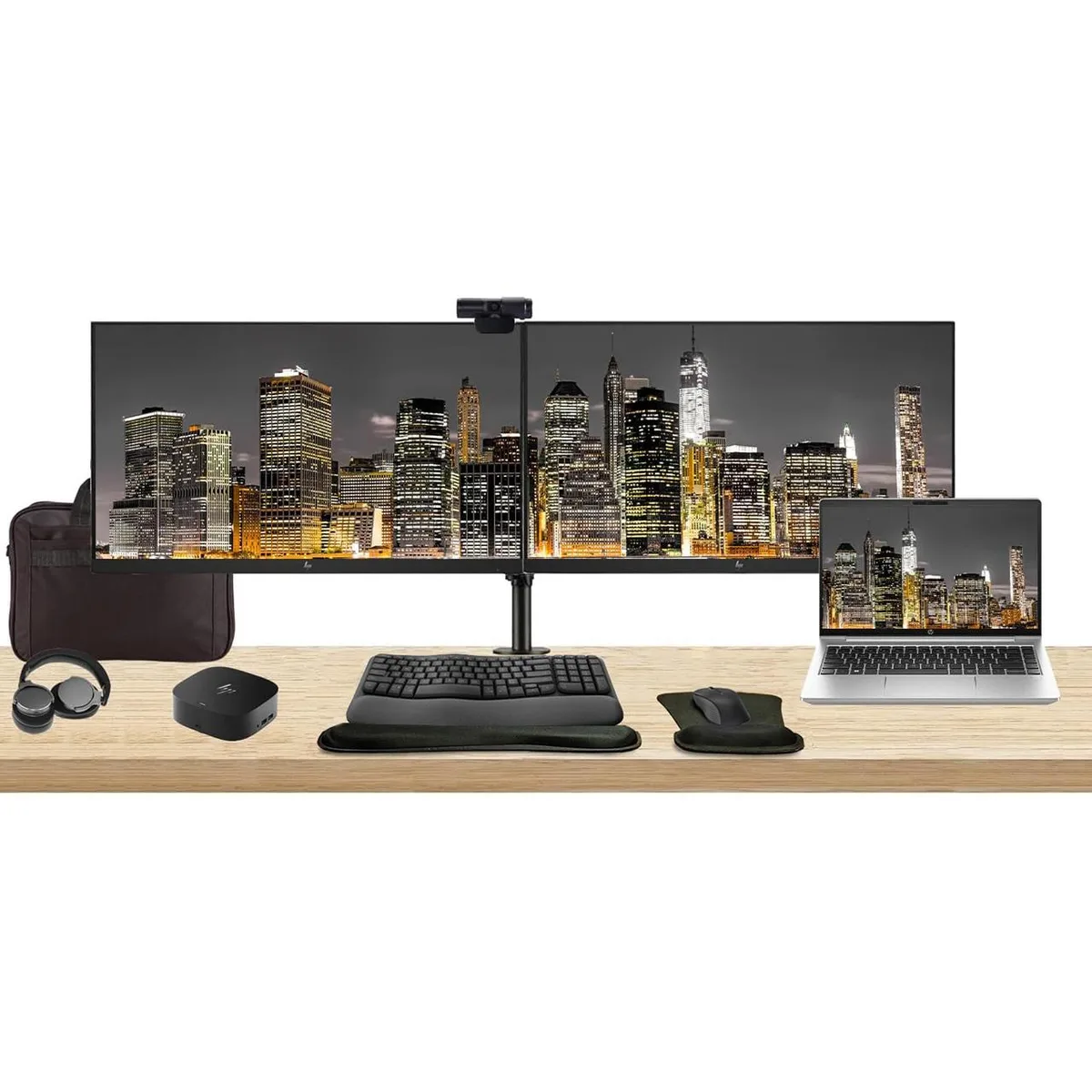 HP HP ProBook 440 G10 14" i5 8GB 256GB SSD + 2×27" monitors, dock, keyboard, mouse, webcam, headphones, bag — product photo
