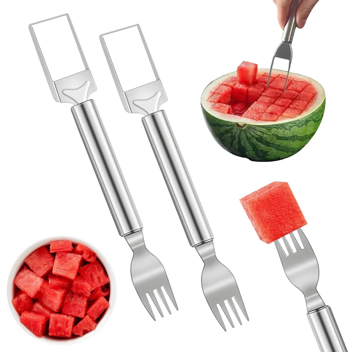 Two-piece stainless steel watermelon slicer and fork set, silver finish