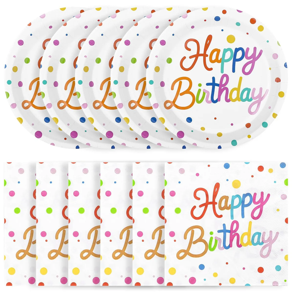 Stack of thirty white rectangular plastic plates with soft pink yellow and light blue polka dots seven inches square