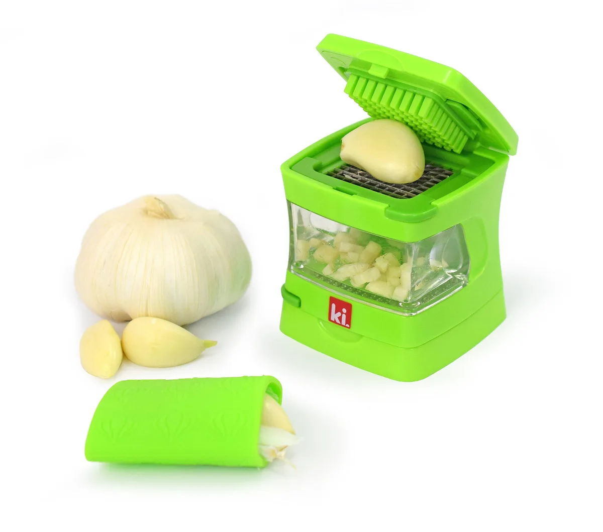 Green garlic press with clear container and silicone peeler 2.8 in