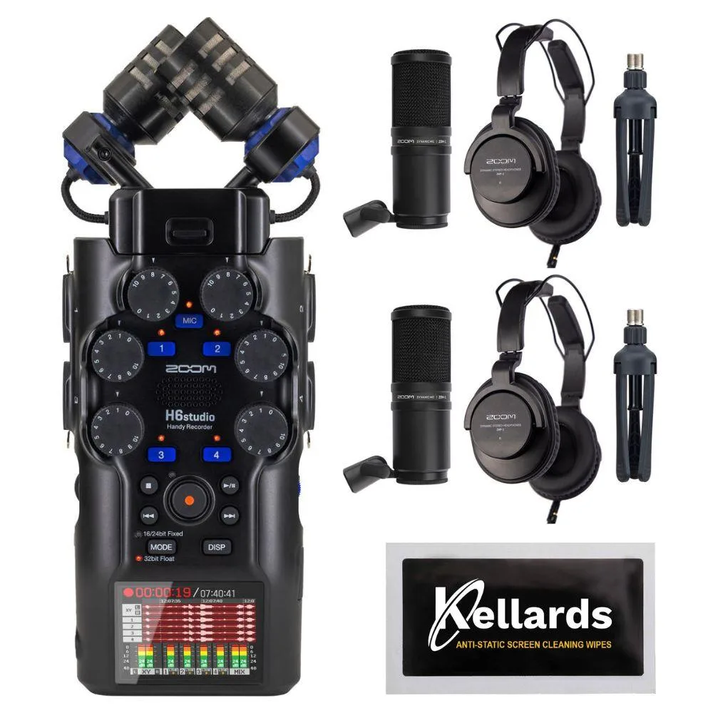 Zoom Zoom H6studio 6-Track Handy Recorder 32-Bit Float Bundle with ZDM-1 Podcast Mic Pack (2 Pack) and Screen Wipes — product photo