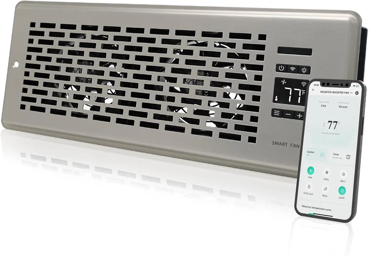 BFKK BFKK 4 x 12 inch Quiet Register Booster Fan Smart Vent Remote Thermostat Satin Nickel — product photo