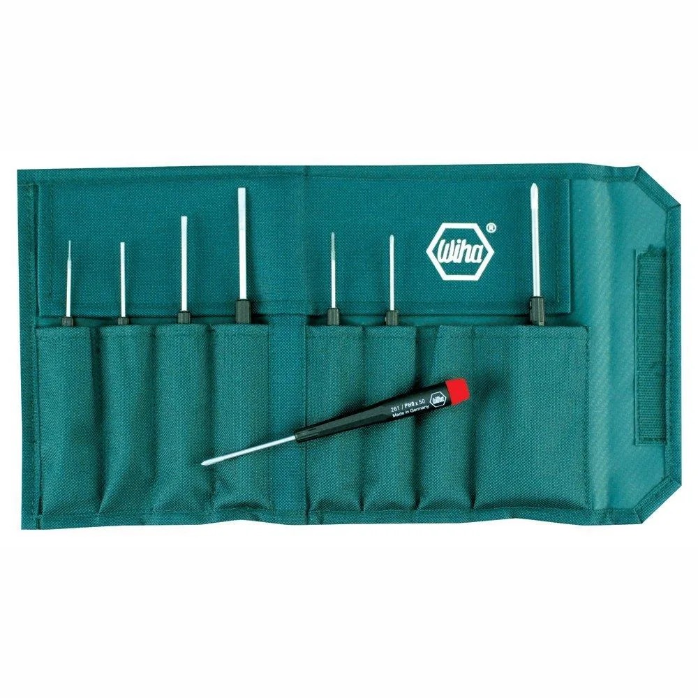Eight precision screwdrivers in a canvas pouch, slotted and Phillips tips, chrome finish, shanks 40 to 60 mm