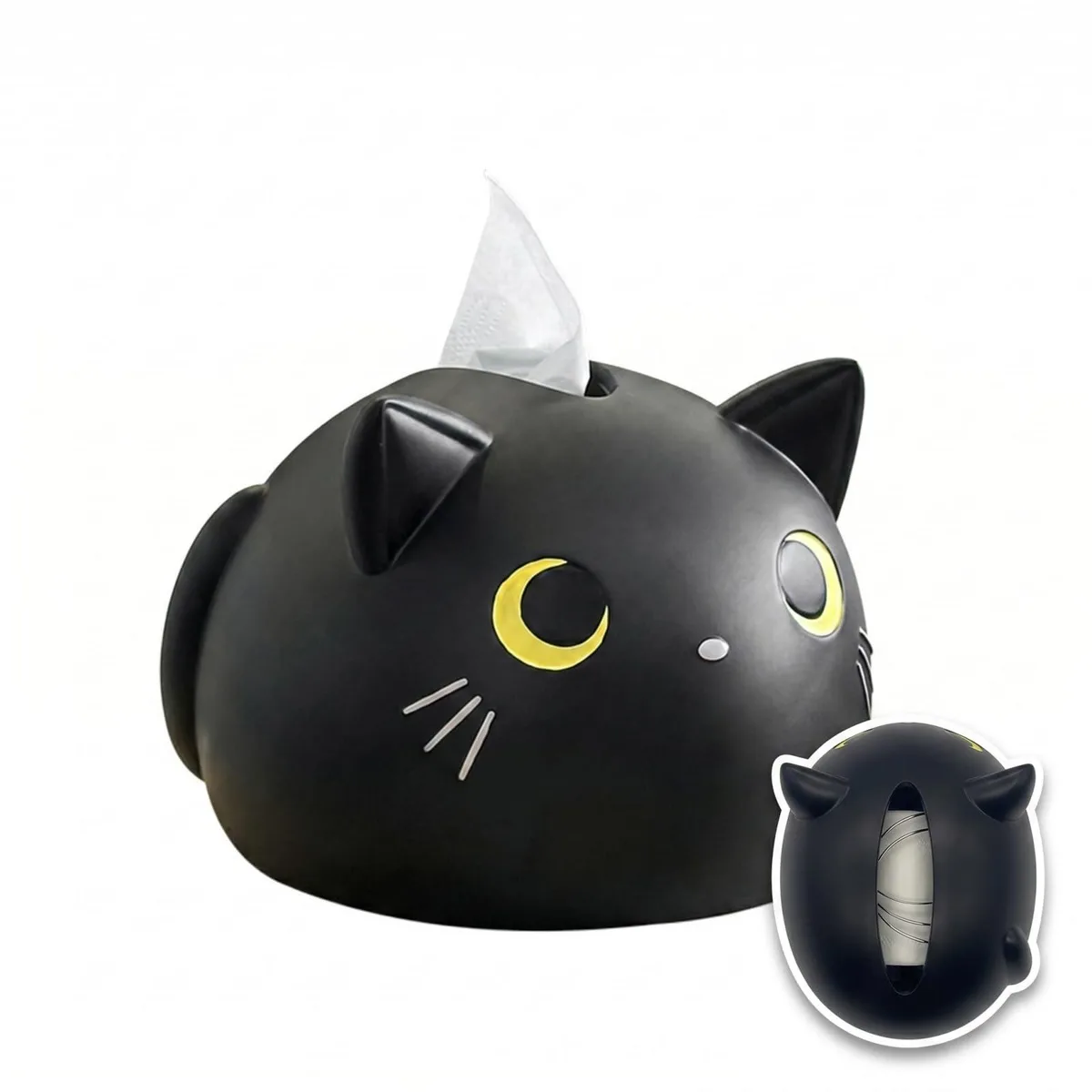 Black silicone cartoon cat tissue box, rounded 7.1 by 4.7 inch form with yellow eyes and white whiskers