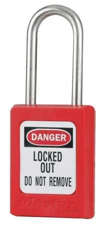 Six red thermoplastic padlocks with stainless steel shackles