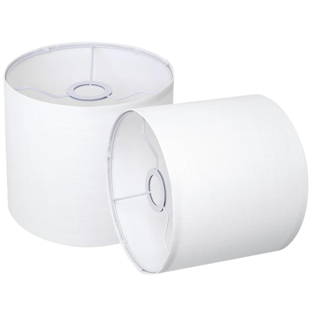 Two tan linen drum lampshades 8.66 inches wide by 7.87 inches high