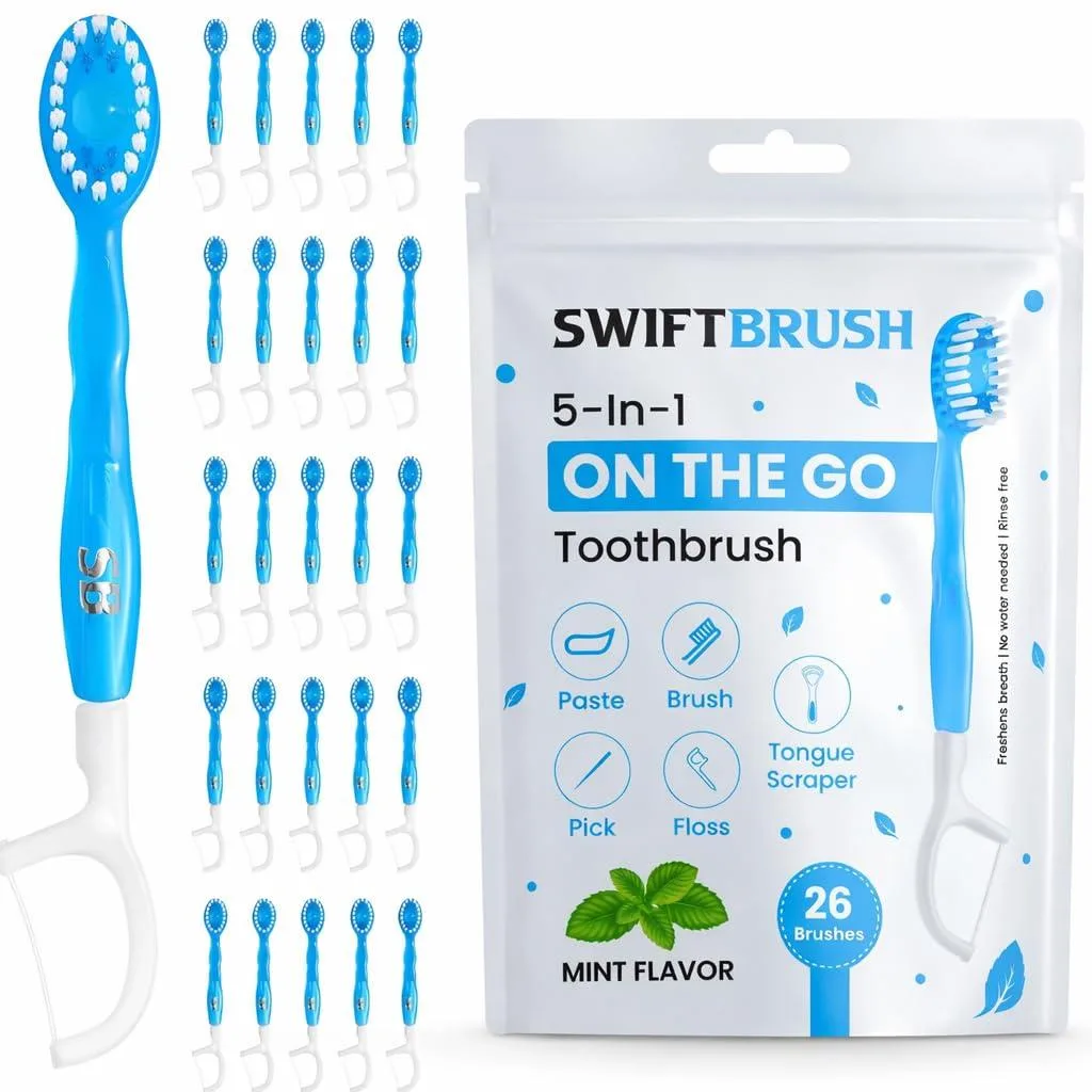 Box of 26 individually wrapped mint disposable toothbrushes with built-in floss pick and tongue scraper