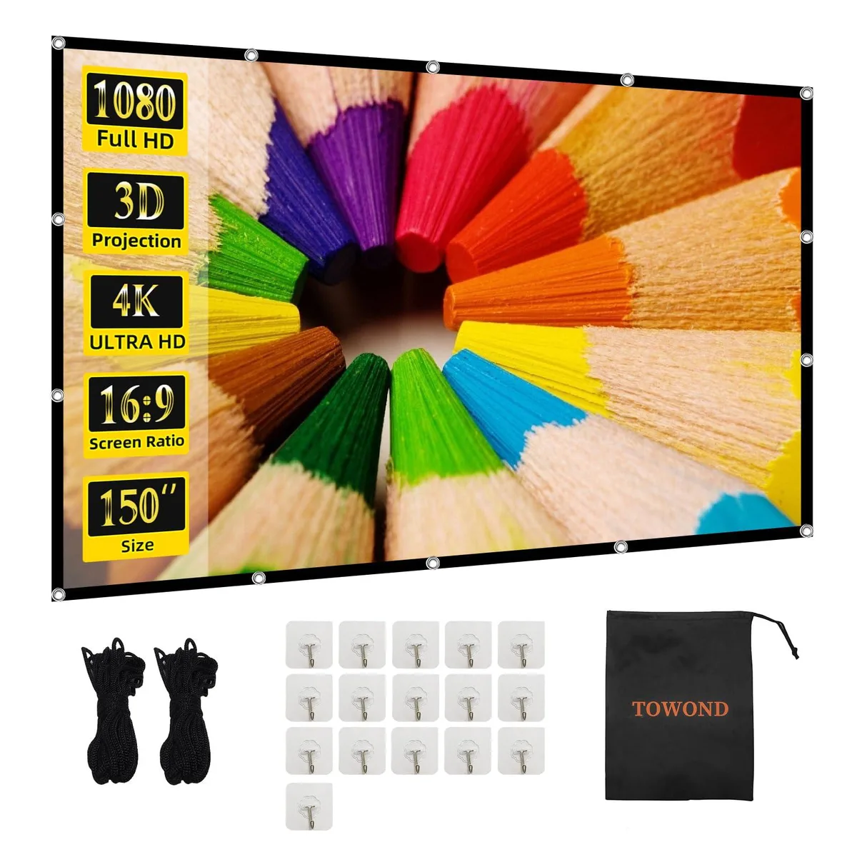 White rectangular projector screen 150 inch diagonal 16:9 polyester silk material folded portable