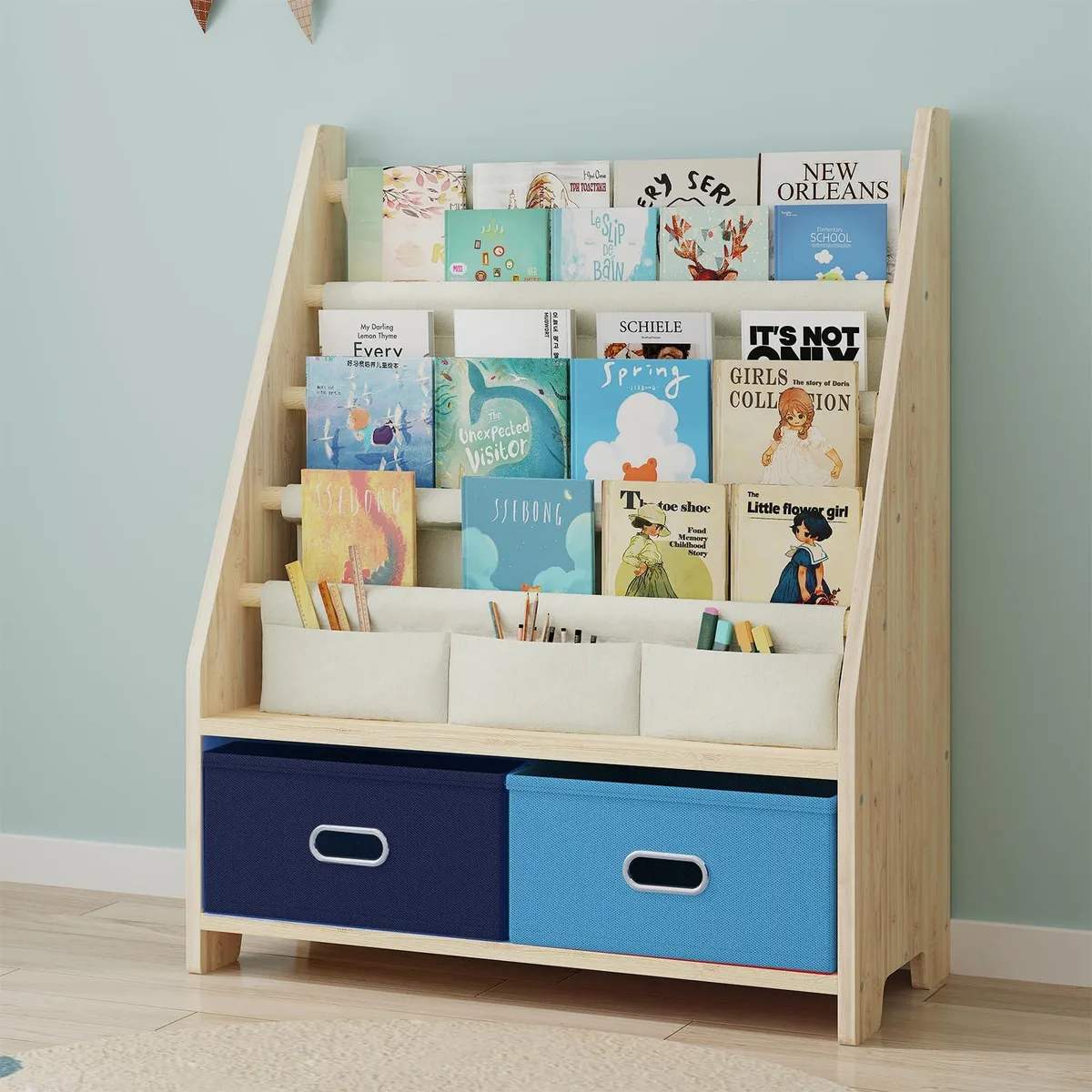 EXPERLAM 4-Tier Kids Bookshelf with Storage Bins Blue — product photo