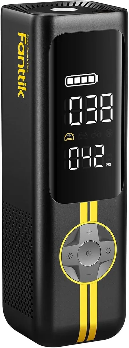 Compact cordless tyre inflator with digital display, flexible hose and integrated LED light