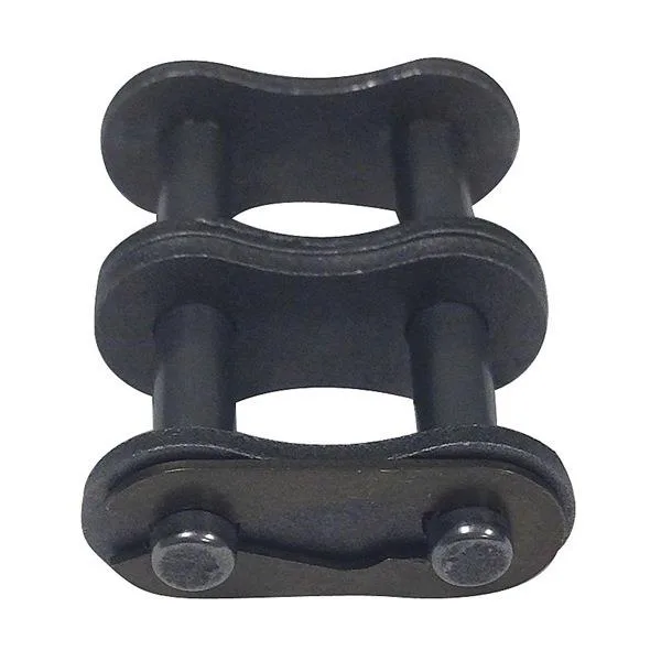 Small carbon-steel chain link with two parallel roller strands and riveted pins, silver-grey metal finish