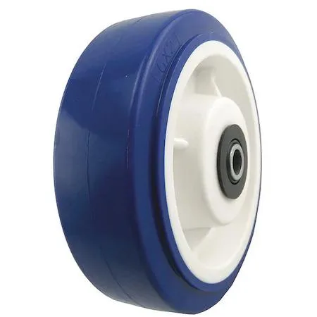 Black polyurethane caster wheel six inches diameter two inches wide with plastic core and roller bearing