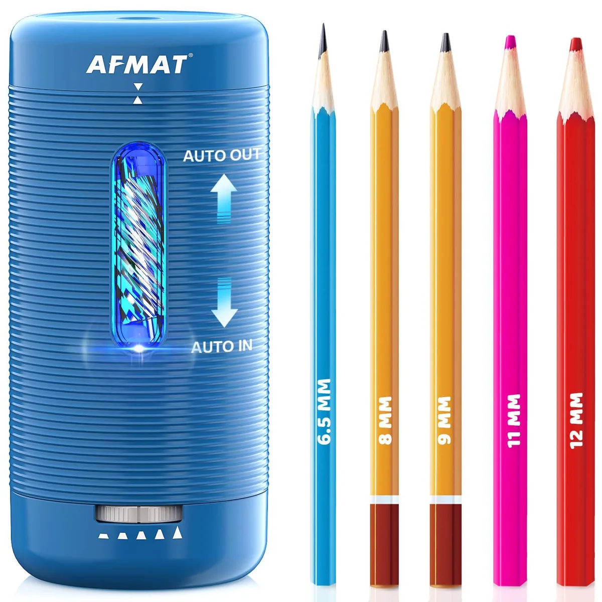 Sky-blue electric pencil sharpener with ABS housing and stainless blade, compact desktop form