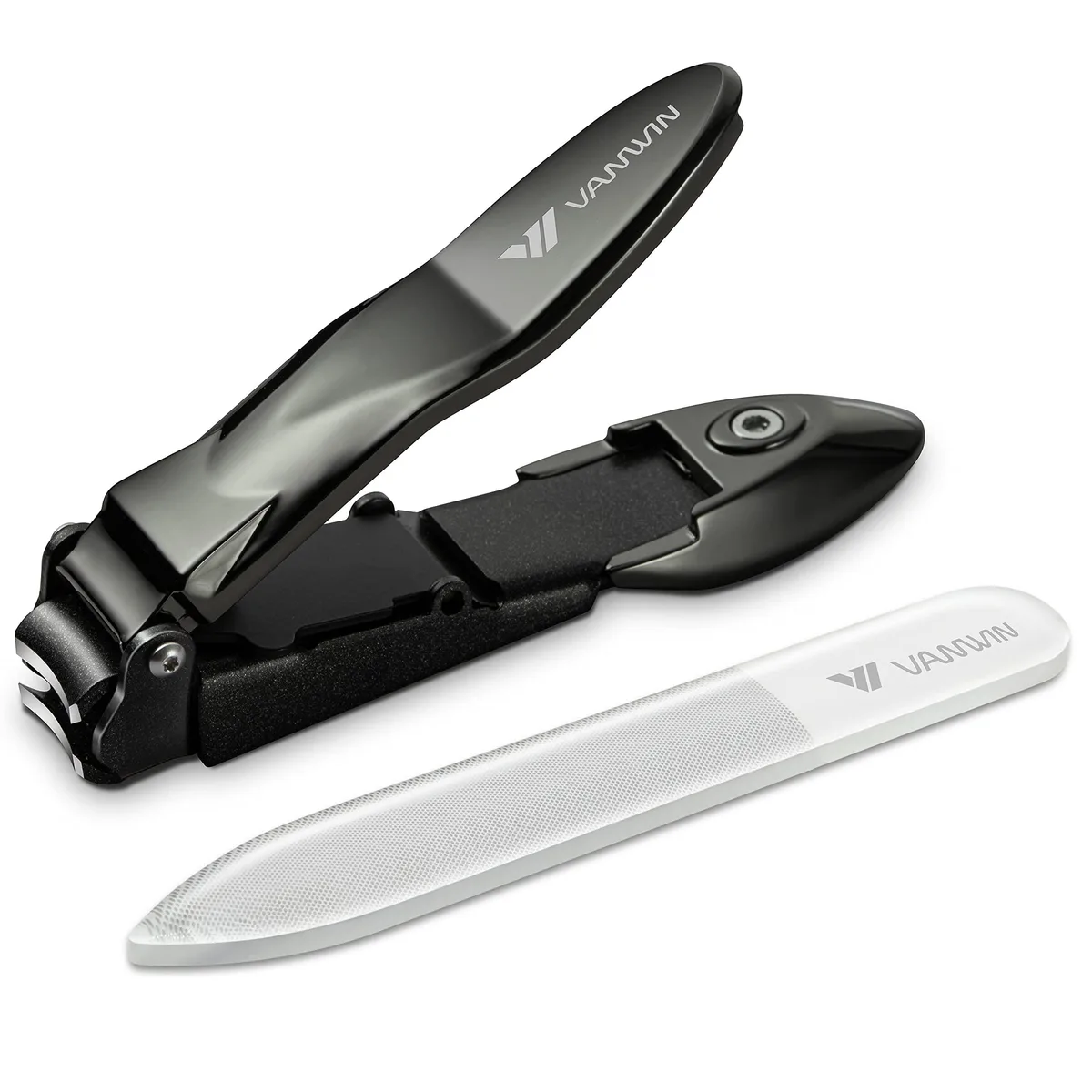 Black stainless-steel nail clipper with integrated catcher, curved blade and leather case