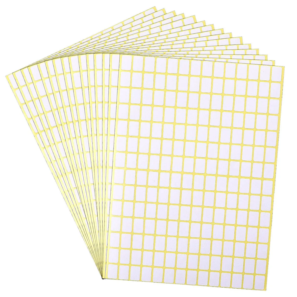 A sheet of 196 matte white rectangular labels, 13 by 9 mm, on card stock